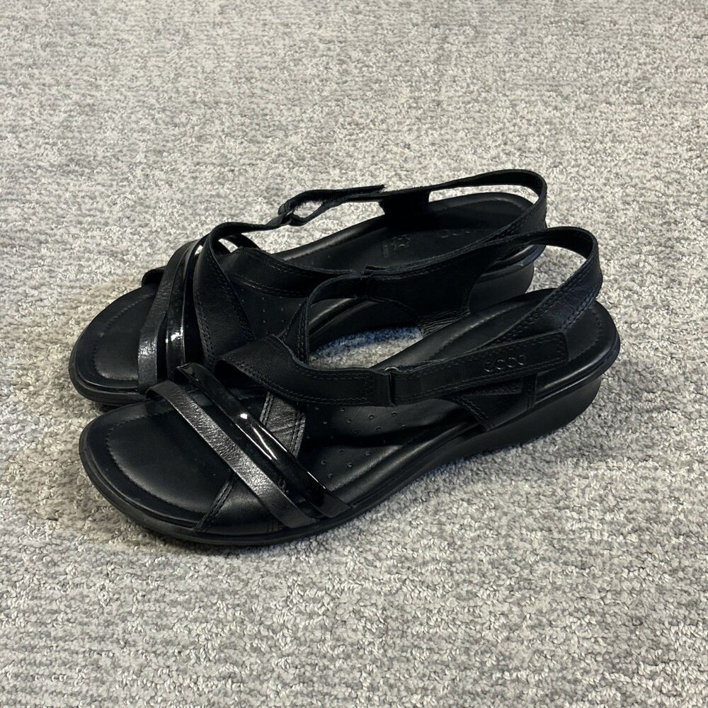 Ecco Felicia Leather Wedge Sandals Womens EU 40 US 9 9.5 Black Strappy Comfort
